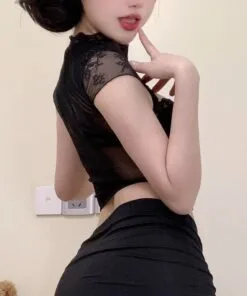Sexy Fashion Model in Sheer Lace Top and Mini Skirt – Wildnightsexdoll product image showing body appearance and material texture