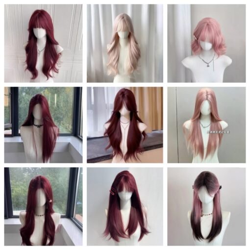 Stylish Synthetic Doll Wigs Long Soft Waves Chic Bob Cuts in Red Pink Burgundy Shades 未命名