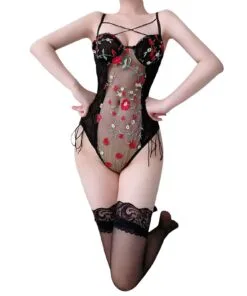 Floral Embroidered See-Through Lace Teddy Lingerie Bodysuit – WildNightSexDoll product image showing body appearance and material texture