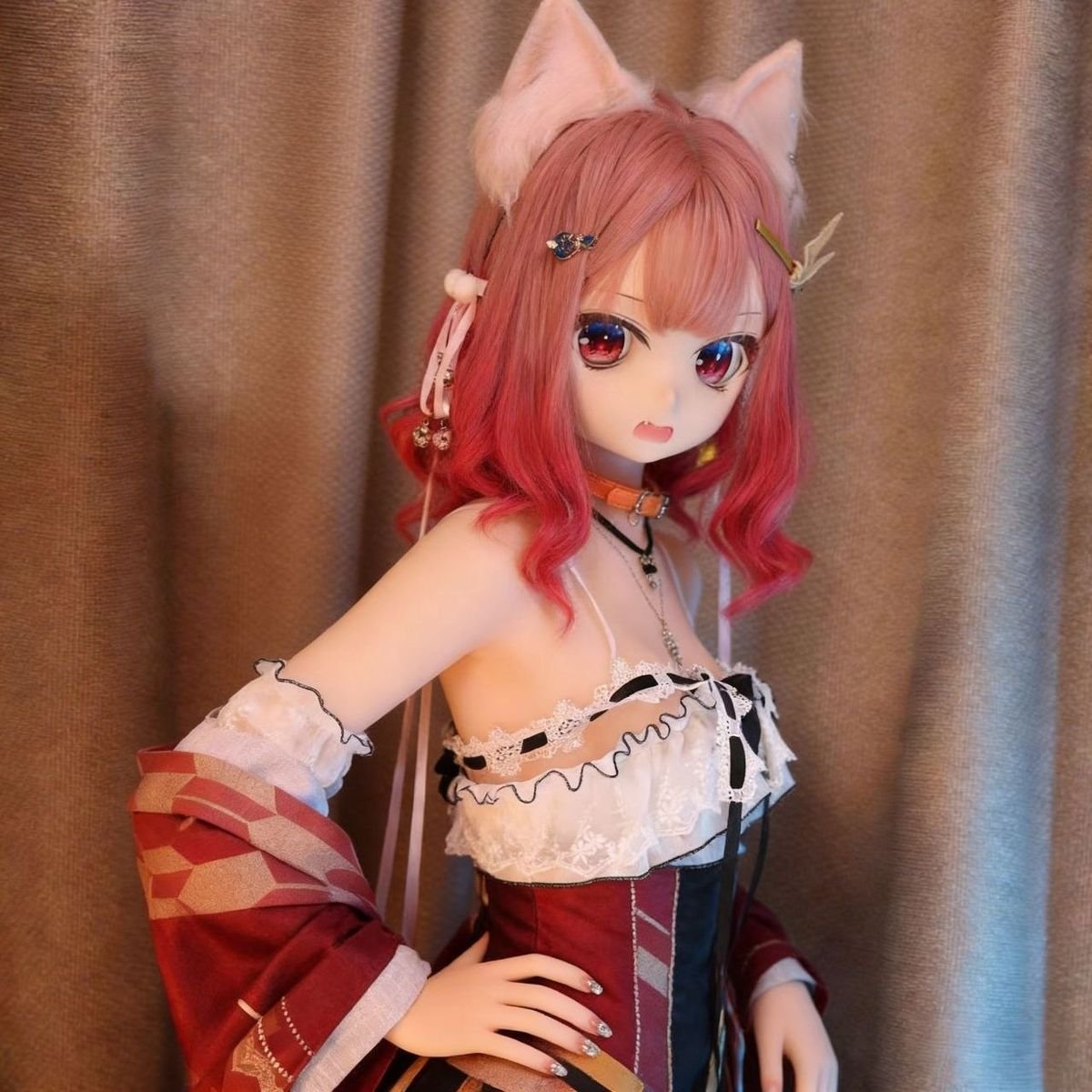 DD067 Momo 68cm TPE anime doll front view showcasing cat ears and vibrant pink hair Momo - 68cm Mini Anime TPE Doll with Articulated Skeleton, Realistic PVC Head, SKU: DD067 product image showing body appearance and material texture