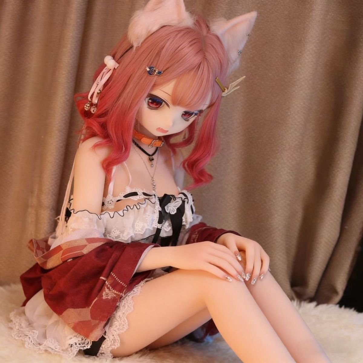 DD067 Momo 68cm TPE anime doll sitting pose highlighting her delicate lace outfit and petite frame Momo - 68cm Mini Anime TPE Doll with Articulated Skeleton, Realistic PVC Head, SKU: DD067 product image showing body appearance and material texture