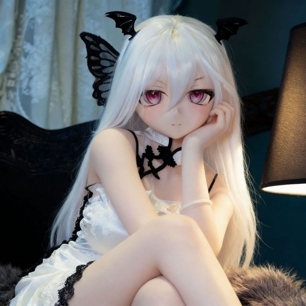DD068 Luna 85cm TPE anime doll closeup of her face with hand on chin showcasing striking magenta eyes and white hair Luna 85cm Anime Tpe Figure Dd068 Luna 85cm Tpe Anime Doll Close up of Her Face with Hand on Chin Showcasing Striking Magenta Eyes and White Hair Dd068 Dd068 luna face close up hand on chin
