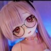 DD069 Miyuki 68cm TPE anime doll closeup of her face with pink hair glasses and expressive red eyes Miyuki - 68cm Mini Anime Full-Body TPE Figure with Articulated Skeleton, TPE Body PVC Head, SKU: DD069 product image showing body appearance and material texture