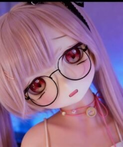 DD069 Miyuki 68cm TPE anime doll, close-up of her face with pink hair, glasses, and expressive red eyes.