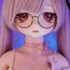 DD069 Miyuki 85cm TPE anime doll, front view of her face highlighting detailed features, pink hair, and glasses.