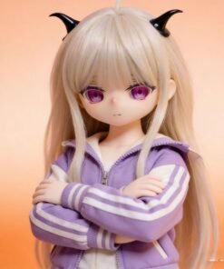 Home Sexdollwildnight comyour Perfect Companion Awaits Dd070 85 Luna 68cm Tpe Anime Doll Wearing a Purple Jacket with Crossed Arms and Devil Horns Close up Dd070 Dd070 luna purple jacket crossed arms pose