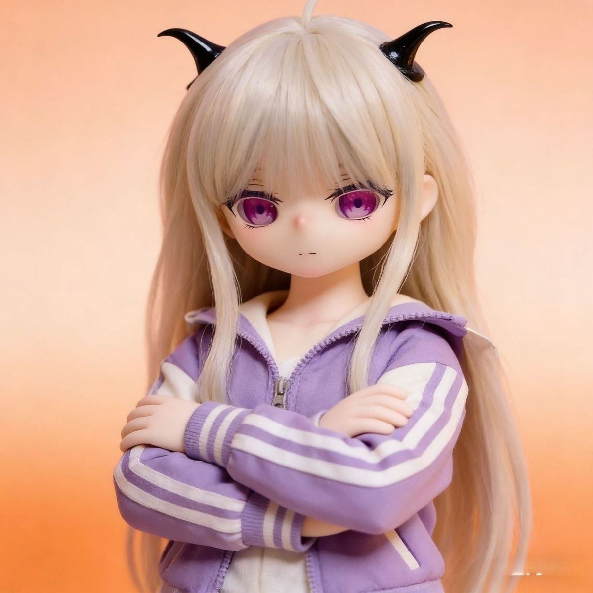 DD07085 Luna 68cm TPE anime doll wearing a purple jacket with crossed arms and devil horns closeup Luna - 68cm Mini Anime TPE Doll with Articulated Skeleton, PVC Head, SKU: DD070 product image showing body appearance and material texture