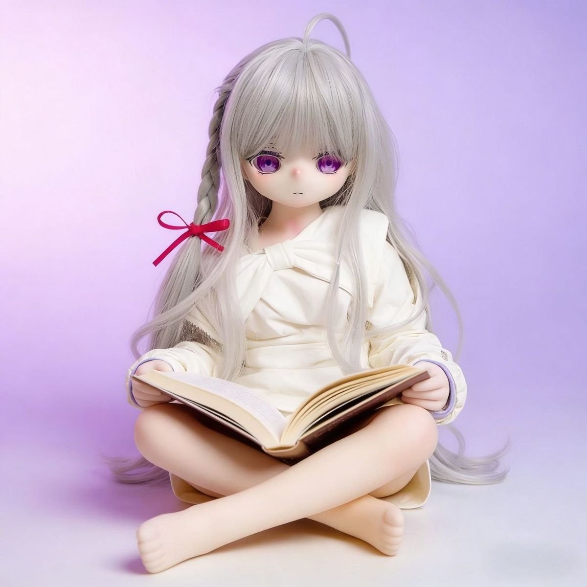 DD07085 Luna 85cm TPE anime doll sitting and reading a book showcasing delicate features and soft pose Luna - 85cm Anime TPE Doll with Articulated Skeleton, PVC Head, SKU: DD070-85 product image showing body appearance and material texture