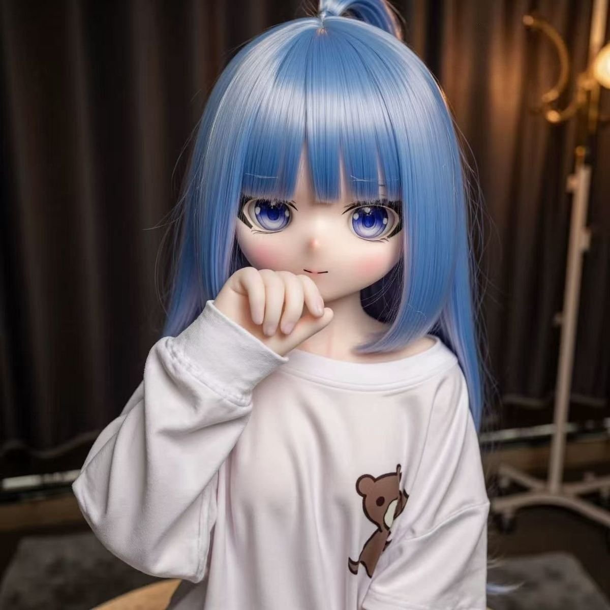 DD072 Luna 68cm TPE anime doll closeup of her face and hand gesture highlighting delicate features Luna - 68cm Mini Anime TPE Doll with Articulated Skeleton, PVC Head, SKU: DD072 product image showing body appearance and material texture