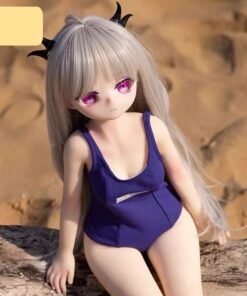 DD073 Luna 68cm TPE anime doll in a purple swimsuit, showing her full body and petite figure.