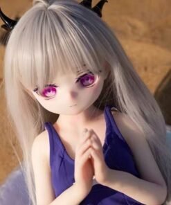 DD073 Luna 68cm TPE anime doll, close-up of her face with striking purple eyes and silver hair.