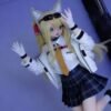DD074 Kitsune 68cm TPE anime doll in a dynamic pose wearing a white jacket and pleated skirt.