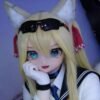 DD074 Kitsune 68cm TPE anime doll close-up on her face, hand on chin, showing expressive blue eyes and feline ears.