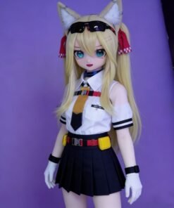 DD074 Kitsune 68cm TPE anime doll in a standing front view, wearing a school uniform with feline ears.