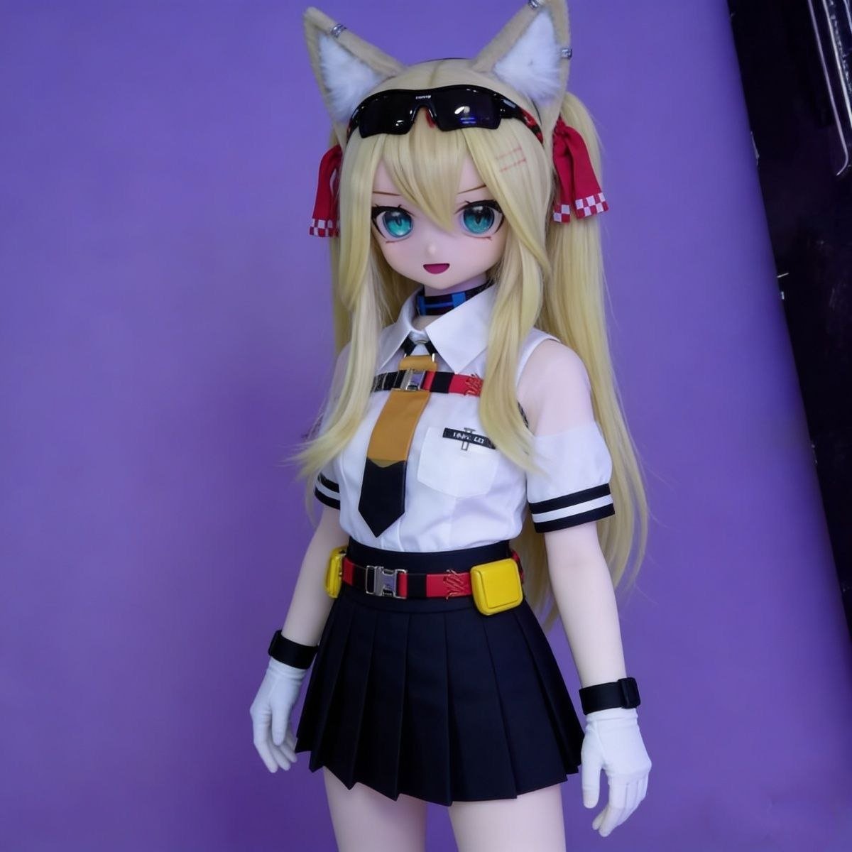 DD074 Kitsune 68cm TPE anime doll in a standing front view wearing a school uniform with feline ears Kitsune - 68cm Mini Anime Full-Body TPE Figure with Articulated Skeleton, SKU: DD074 product image showing body appearance and material texture