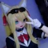 DD074 Kitsune 68cm TPE anime doll making a peace sign, wearing a school uniform with detailed accessories.