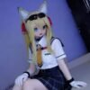 DD074 Kitsune 68cm TPE anime doll seated, showcasing her detailed face with striking blue eyes and feline ears.