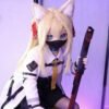 DD074 Kitsune 85cm TPE anime doll in a sitting pose, holding a prop sword and wearing a face mask.