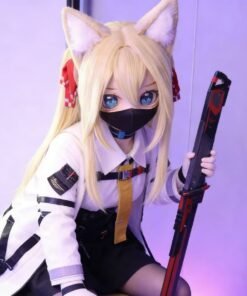 DD074 Kitsune 85cm TPE anime doll in a sitting pose, holding a prop sword and wearing a face mask.