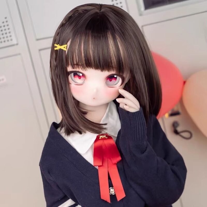 DD075 Hana 85cm animestyle TPE doll closeup showing large red eyes blushed cheeks and navy school uniform with red ribbon bow Hana 85cm Anime Tpe Doll Dd075 Hana 85cm Anime style Tpe Doll Close up Showing Large Red Eyes Blushed Cheeks and Navy School Uniform with Red Ribbon Bow Dd075 Dd075 hana face closeup red eyes school uniform