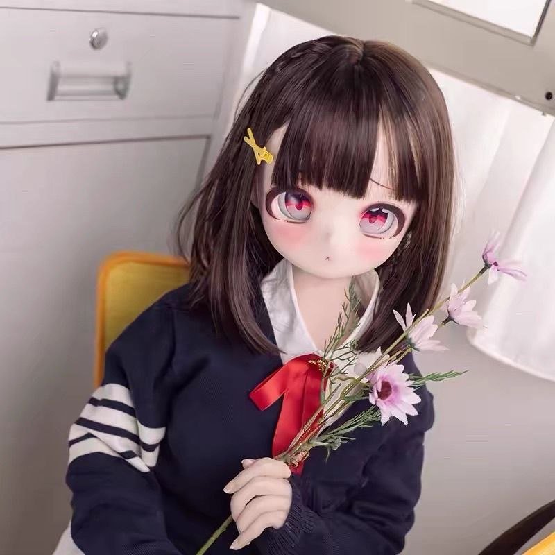 DD075 Hana petite anime TPE figure seated pose holding pink wildflowers wearing navy school sweater with red ribbon tie Hana 68cm Mini Anime Tpe Doll Dd075 Hana Petite Anime Tpe Figure Seated Pose Holding Pink Wildflowers Wearing Navy School Sweater with Red Ribbon Tie Dd075 Dd075 hana seated pose holding flowers anime style