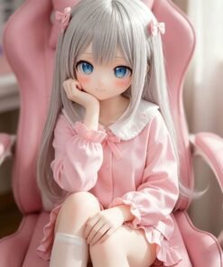 DD076 Eri 68cm TPE anime doll, sitting in a pink chair, showcasing her delicate face and pink outfit.