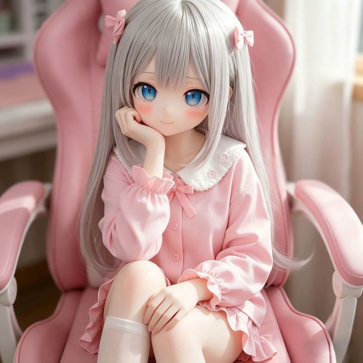 DD076 Eri 68cm TPE anime doll sitting in a pink chair showcasing her delicate face and pink outfit Eri - 68cm Mini Anime Full-Body TPE Figure with Articulated Skeleton, TPE Body PVC Head, SKU: DD076 product image showing body appearance and material texture