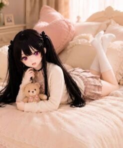 Home Sexdollwildnight comyour Perfect Companion Awaits Dd079 Yuki 85cm Tpe Anime Doll Lying on a Bed with a Teddy Bear Showcasing Her Playful Charm and Soft Features Dd079 Dd079 yuki lying pose bedroom comfort