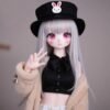 DD081 Luna 85cm TPE realistic anime doll, close-up of her face with vibrant magenta eyes and a playful V-sign gesture.