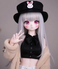 DD081 Luna 85cm TPE realistic anime doll, close-up of her face with vibrant magenta eyes and a playful V-sign gesture.