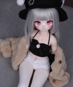 DD081 Luna 85cm TPE realistic anime doll, seated pose showcasing her petite frame and stylish outfit.