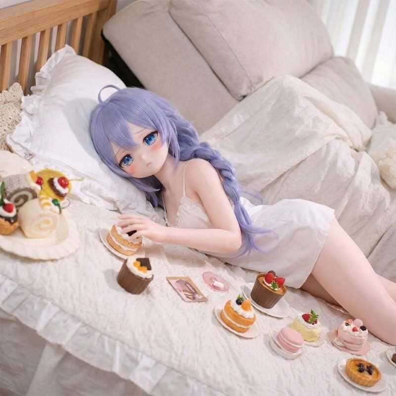 Runa Tpe Anime Doll with Articulated Skeleton Realistic Pvc Head 85cm Dd082 Luna 85cm Tpe Anime Doll Lying on a Bed Surrounded by Sweets Showcasing Her Delicate Features and Pose Dd082 Dd082 luna lying pose bedroom sweet treats
