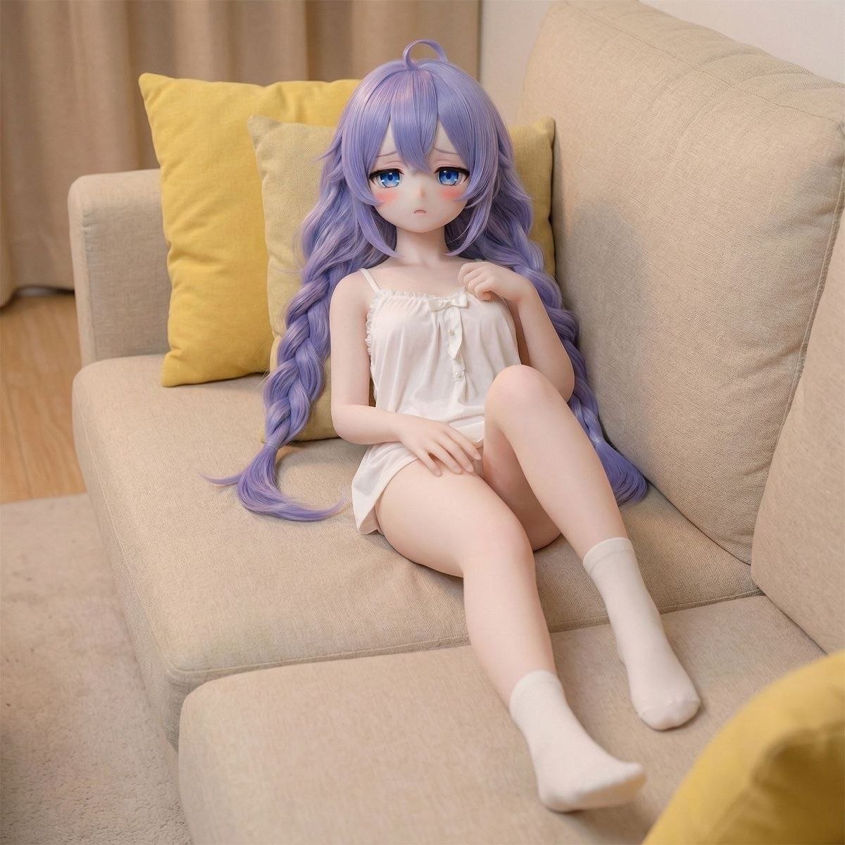 DD082 Luna 85cm TPE anime doll in a relaxed pose on a couch wearing white socks showing her natural form Luna 85cm Tpe Anime Doll with Articulated Skeleton Realistic Pvc Head 68cm Dd082 Luna 85cm Tpe Anime Doll in a Relaxed Pose on a Couch Wearing White Socks Showing Her Natural Form Dd082 Dd082 luna relaxed pose couch white socks