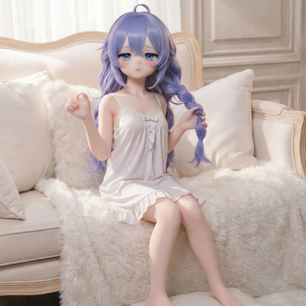 DD082 Luna 85cm TPE realistic doll sitting on a fluffy sofa wearing a white slip highlighting her body shape Luna 85cm Tpe Anime Doll with Articulated Skeleton Realistic Pvc Head 68cm Dd082 Luna 85cm Tpe Realistic Doll Sitting on a Fluffy Sofa Wearing a White Slip Highlighting Her Body Shape Dd082 Dd082 luna sitting pose sofa white slip