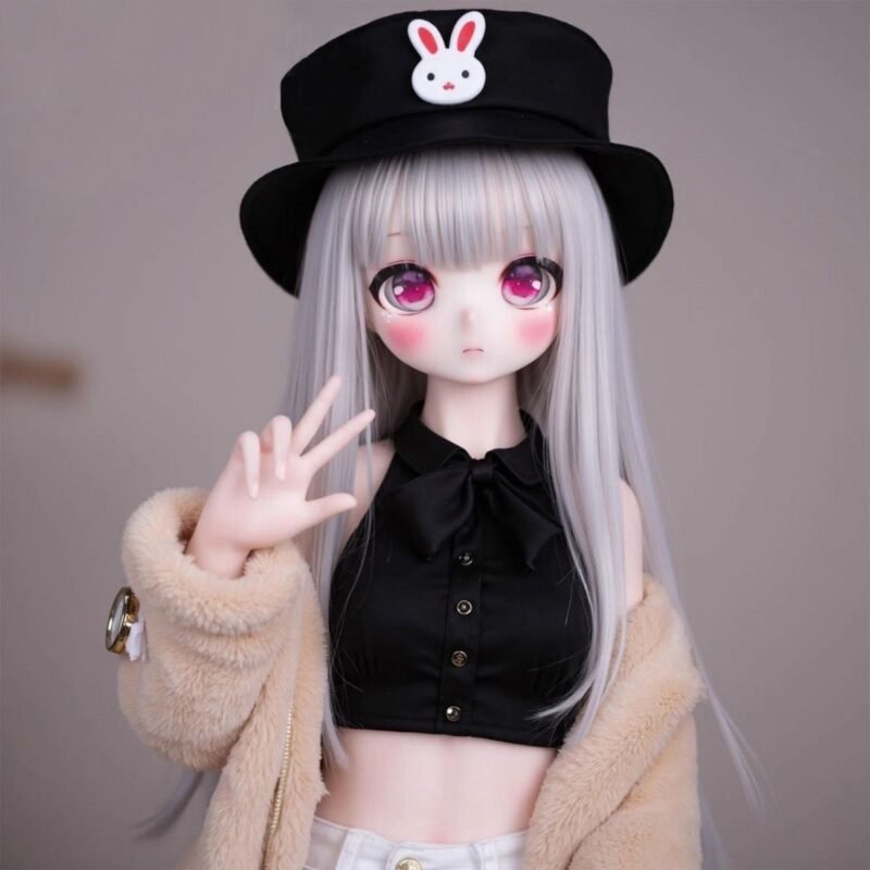 DD096 Luna 85cm TPE doll front view with black hat showcasing her expressive magenta eyes and silver hair Natsume Tpe Full Body Doll with Articulated Skeleton Realistic Anime Face 68cm Dd096 Luna 85cm Tpe Doll Front View with Black Hat Showcasing Her Expressive Magenta Eyes and Silver Hair Dd096 Dd096 luna front pose hat