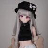DD096 Luna 85cm TPE doll, portrait view with black hat, focusing on her striking magenta eyes and charming facial expression.