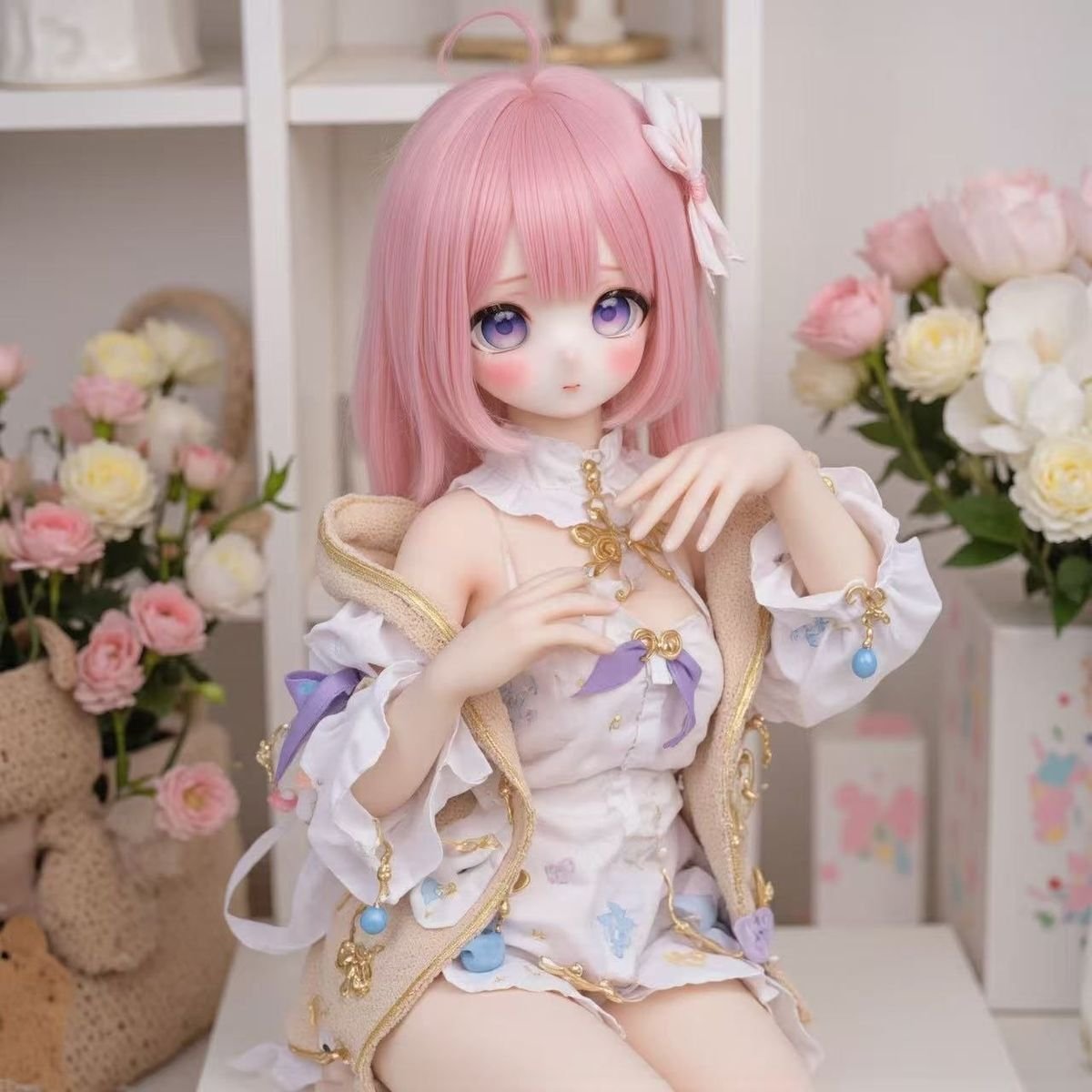 DD097 Mio 85cm TPE anime doll full body front view in a seated pose with pink hair and delicate outfit Mio - Anime Full-Body TPE Figure with Articulated Skeleton, TPE Body PVC Head 68cm product image showing body appearance and material texture