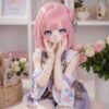 DD097 Mio 85cm TPE anime doll, portrait view with hands posed near face, highlighting delicate features and pink hair.
