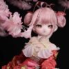 DD099 Sakura 85cm TPE anime doll, profile view with a pink blossom backdrop, highlighting her delicate features.