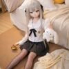 DD100 Yuki 68cm TPE anime doll holding a plush toy, with a close-up on her face and school uniform details.