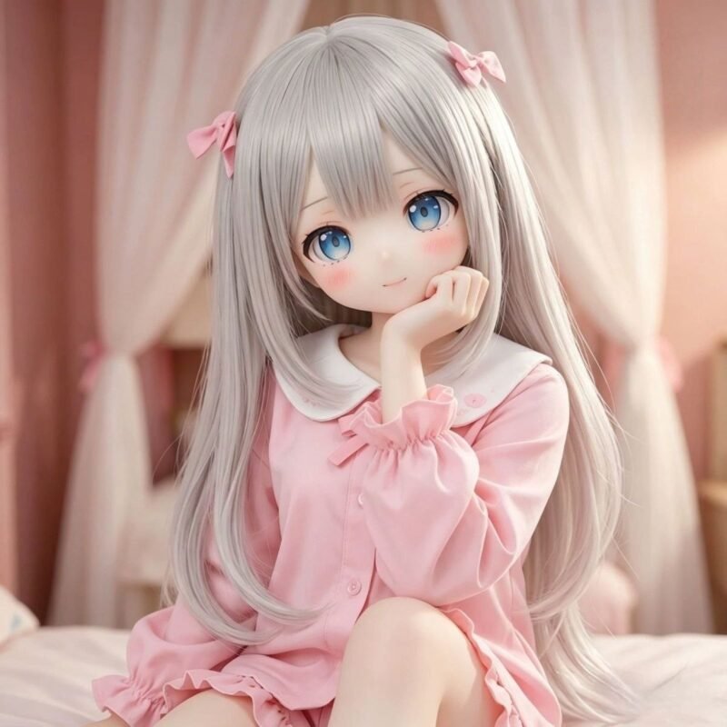 Dd102 Eri Anime Tpe Figure with Articulated Skeleton Tpe Body Pvc Head 68cm Dd102 Eri 68cm Tpe Anime Doll Close up of Her Face with Striking Blue Eyes and Wearing Pink Pajamas Dd102 Dd102 eri face close up blue eyes pink pajamas