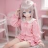 DD102 Eri 68cm TPE anime doll in a sitting pose, showcasing her pink ruffled pajamas and delicate features.