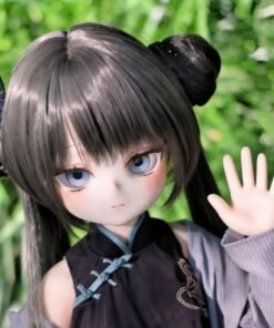 DD103 Mei 68cm TPE anime doll, close-up of her face and hand waving in an outdoor setting.