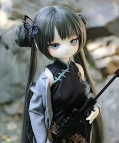 DD103 Mei 68cm TPE anime doll posing with a toy gun in an outdoor rocky environment.
