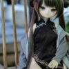 DD103 Mei 68cm TPE anime doll seated on a wooden chair outdoors, wearing a qipao.