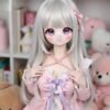 DD104 Seraphina 68cm TPE anime doll closeup of her face with purple eyes and a pink dress DD104 Seraphina - Anime TPE Full Body Doll with Articulated Skeleton 68cm product image showing body appearance and material texture
