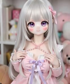 DD104 Seraphina 68cm TPE anime doll closeup of her face with purple eyes and a pink dress DD104 Seraphina - Anime TPE Full Body Doll with Articulated Skeleton 68cm product image showing body appearance and material texture