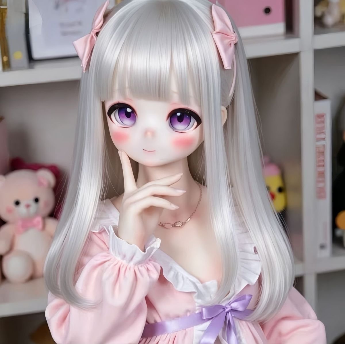 DD104 Seraphina 68cm TPE anime doll detailed face shot with silver hair and pink bows Dd104 Seraphina Anime Tpe Full Body Doll with Articulated Skeleton 68cm Dd104 Seraphina 68cm Tpe Anime Doll Detailed Face Shot with Silver Hair and Pink Bows Dd104 Dd104 seraphina face detail pink bows