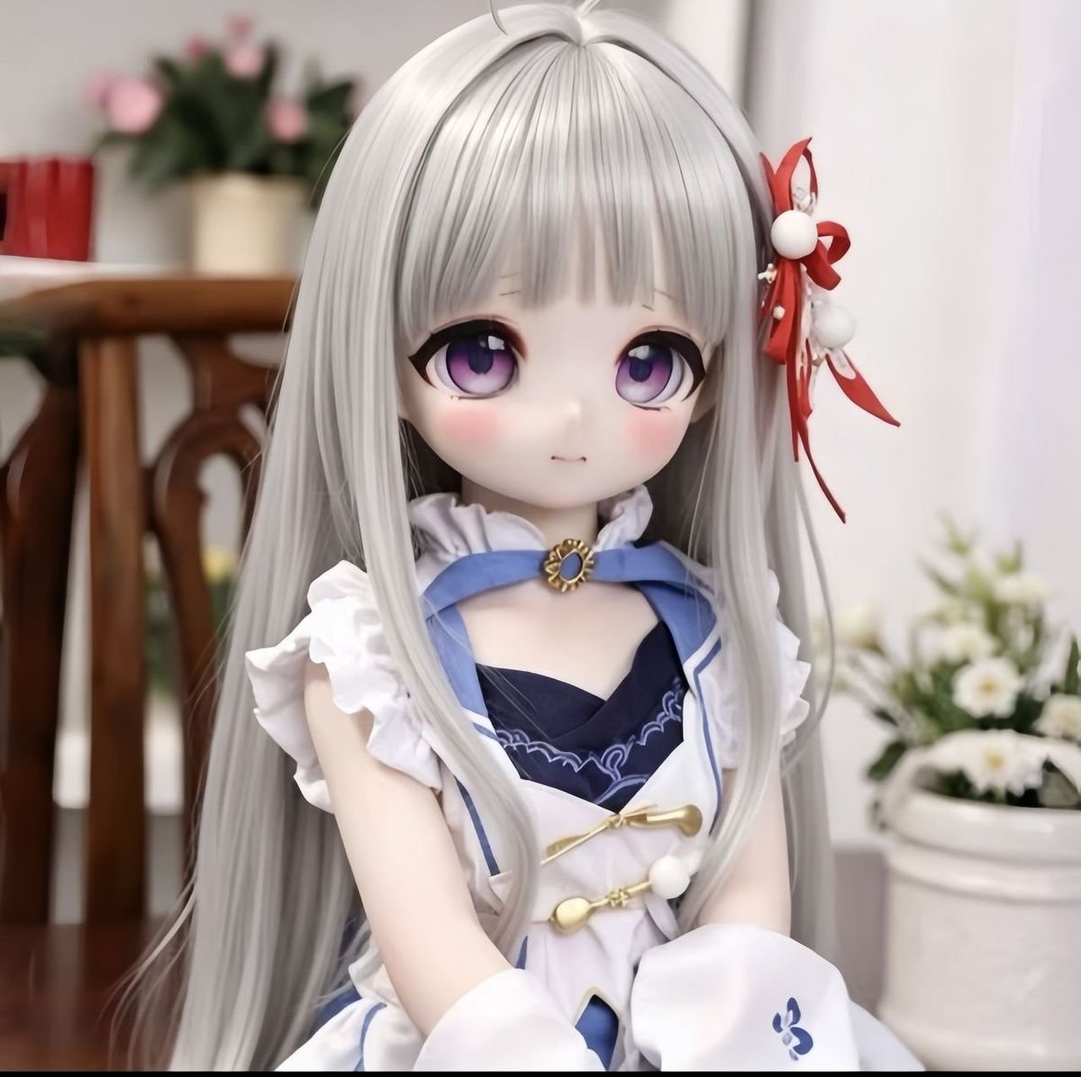 DD104 Seraphina 68cm TPE anime doll portrait wearing a white and blue dress with red hair accessory Dd104 Seraphina Anime Tpe Full Body Doll with Articulated Skeleton 68cm Dd104 Seraphina 68cm Tpe Anime Doll Portrait Wearing a White and Blue Dress with Red Hair Accessory Dd104 Dd104 seraphina portrait blue accent dress