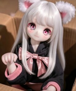 DD105 Luna 68cm TPE anime doll, close-up of her face with large pink eyes and fluffy cat ears.